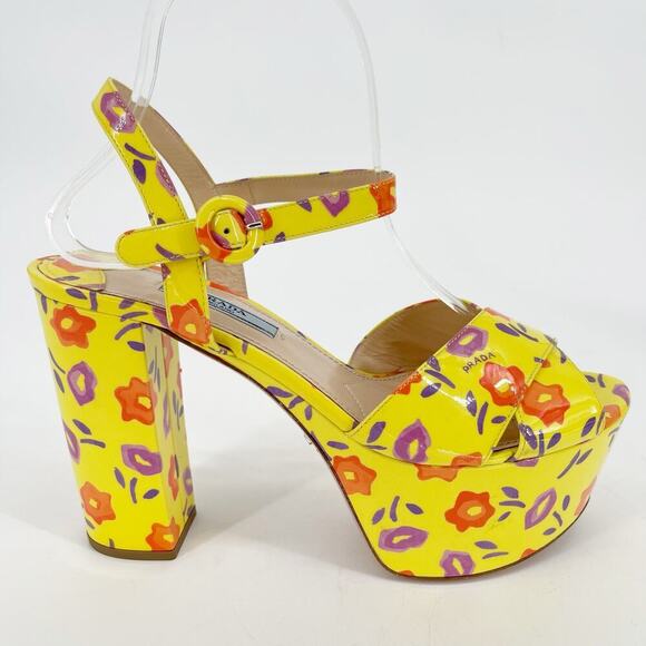 Prada Yellow Floral Patent Leather Chunky Platform Block Heel Sandal size IT 37 - Picture 2 of 14
